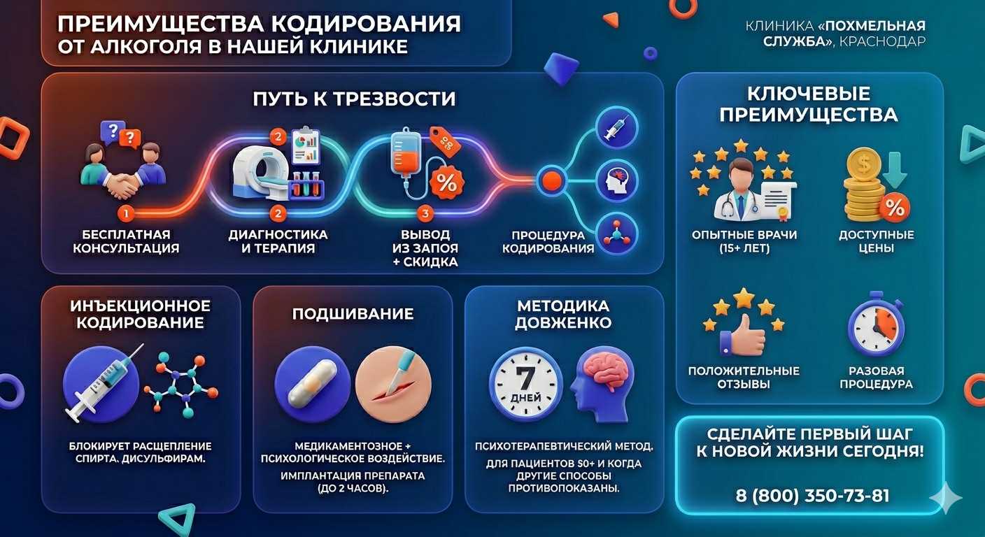 Инфографика о методах кодирования от алкоголя в Самарском: инъекции, подшивание, метод Довженко. Преимущества клиники и этапы лечения.